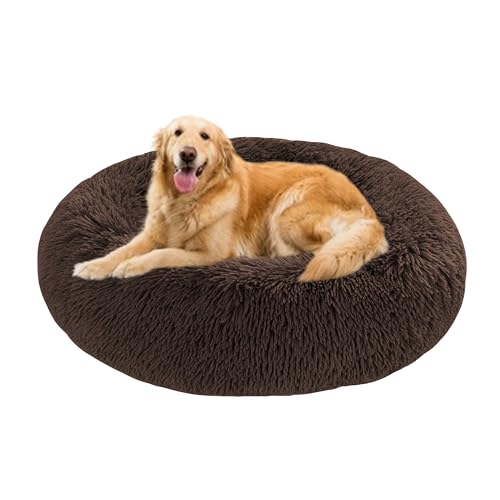 Großes beruhigendes Donut-Hundebett, Donut-Bett für Hunde und Katzen, waschbar, Anti-Angst-Haustierkorb, rutschfest, flauschig, Plüsch-Matratze, Welpen-Kätzchen-Kissen (60 x 60 x 20 cm, Braun) von DUOLEH