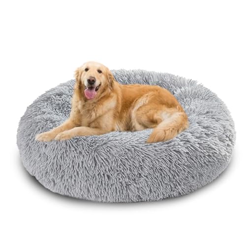 Großes beruhigendes Donut-Hundebett, Donut-Bett für Hunde und Katzen, waschbar, Anti-Angst-Haustierkorb, rutschfest, flauschig, Plüsch-Matratze, Welpen-Kätzchen-Kissen (60 x 60 x 20 cm, Hellgrau) von DUOLEH