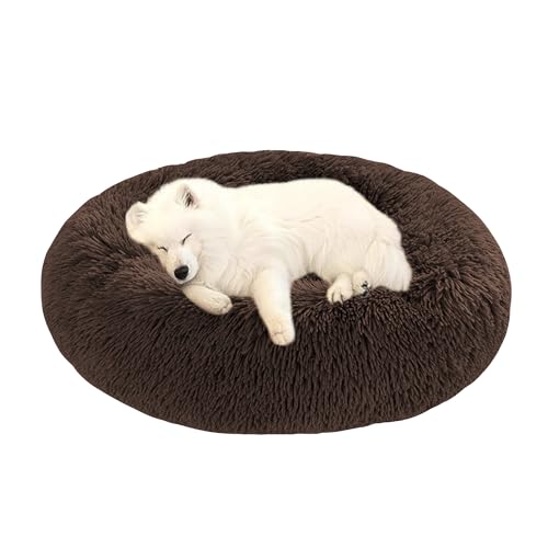 Orthopädische Hundebetten, beruhigendes Donut-Hundebett, flauschiges Donut-Kissen, rutschfeste Donut-Matratze, für den Innenbereich, maschinenwaschbar (140 x 140 x 20 cm, braun) von DUOLEH