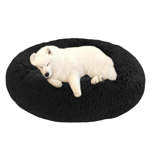 Orthopädische Hundebetten, beruhigendes Donut-Hundebett, flauschiges Donut-Kissen, rutschfeste Donut-Matratze, für den Innenbereich, maschinenwaschbar (150 x 150 x 20 cm, Schwarz) von DUOLEH