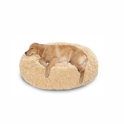 Orthopädisches großes Hundebett, waschbar, warm, beruhigend, flauschig, Anti-Angst-Matratze, runde Katzenmatte mit rutschfester Unterseite (120 x 120 x 20 cm, Beige) von DUOLEH