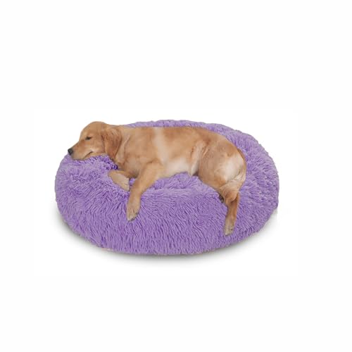 Orthopädisches großes Hundebett, waschbar, warm, beruhigend, flauschig, Anti-Angst-Matratze, runde Katzenmatte mit rutschfester Unterseite (120 x 120 x 20 cm, Lila) von DUOLEH