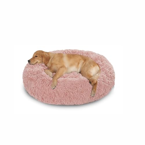 Orthopädisches großes Hundebett, waschbar, warm, beruhigend, flauschig, Anti-Angst-Matratze, runde Katzenmatte mit rutschfester Unterseite (120 x 120 x 20 cm, Rosa) von DUOLEH