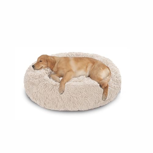 Orthopädisches großes Hundebett, waschbar, warm, beruhigend, flauschig, Anti-Angst-Matratze, runde Katzenmatte mit rutschfester Unterseite (120 x 120 x 20 cm, gebrochenes Weiß) von DUOLEH