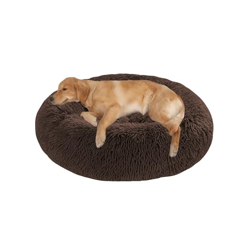 Orthopädisches großes Hundebett, waschbar, warm, beruhigend, flauschig, Anti-Angst-Matratze, runde Katzenmatte mit rutschfester Unterseite (140 x 140 x 20 cm, Braun) von DUOLEH