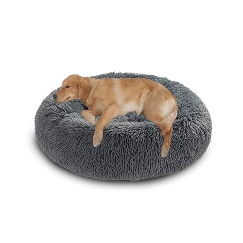 Orthopädisches großes Hundebett, waschbar, warm, beruhigend, flauschig, Anti-Angst-Matratze, runde Katzenmatte mit rutschfester Unterseite (140 x 140 x 20 cm, Dunkelgrau) von DUOLEH