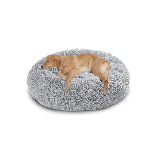 Orthopädisches großes Hundebett, waschbar, warm, beruhigend, flauschig, Anti-Angst-Matratze, runde Katzenmatte mit rutschfester Unterseite (140 x 140 x 20 cm, Hellgrau) von DUOLEH