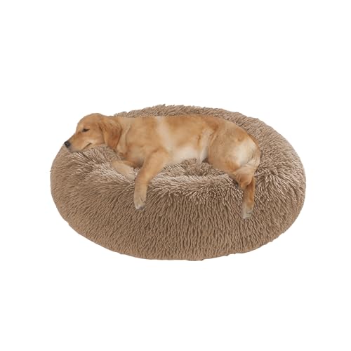 Orthopädisches großes Hundebett, waschbar, warm, beruhigend, flauschig, Anti-Angst-Matratze, runde Katzenmatte mit rutschfester Unterseite (140 x 140 x 20 cm, Khaki) von DUOLEH