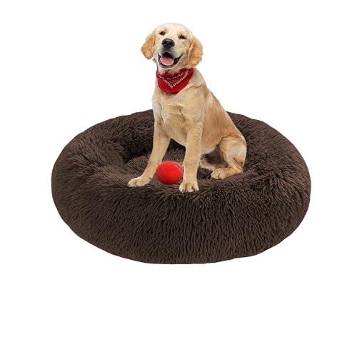 Plüsch-Donut-Kuschel-Hundebett, rund, waschbar, Anti-Angstzustände, flauschiges Haustierkissen, rutschfest, mittelgroß, weich, warm (60 x 60 x 20 cm, Braun) von DUOLEH