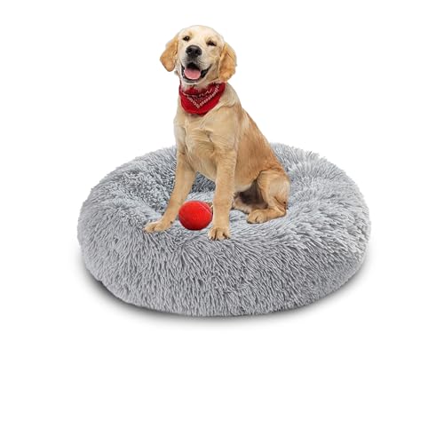 Plüsch-Donut-Kuschel-Hundebett, rund, waschbar, Anti-Angstzustände, flauschiges Haustierkissen, rutschfest, mittelgroß, weich, warm (60 x 60 x 20 cm, Hellgrau) von DUOLEH