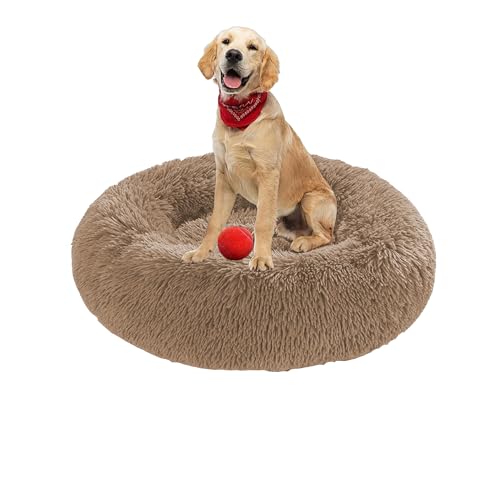 Plüsch-Donut-Kuschel-Hundebett, rund, waschbar, Anti-Angstzustände, flauschiges Haustierkissen, rutschfest, mittelgroß, weich, warm (60 x 60 x 20 cm, Khaki) von DUOLEH