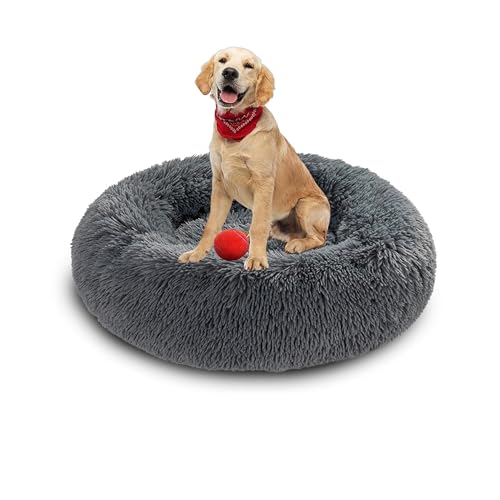 Plüsch-Donut-Kuschel-Hundebett, rund, waschbar, Anti-Angstzustände, flauschiges Haustierkissen, rutschfest, mittelgroß, weich, warm (70 x 70 x 20 cm, Dunkelgrau) von DUOLEH