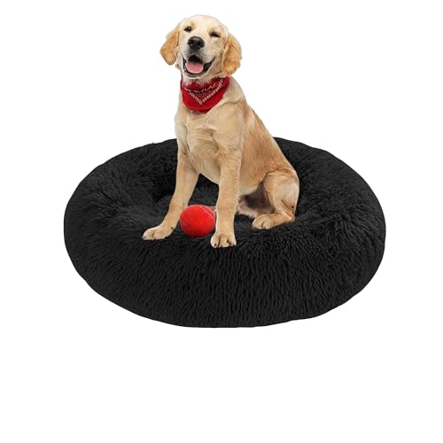 Plüsch-Donut-Kuschel-Hundebett, rund, waschbar, Anti-Angstzustände, flauschiges Haustierkissen, rutschfest, mittelgroß, weich, warm (70 x 70 x 20 cm, Schwarz) von DUOLEH