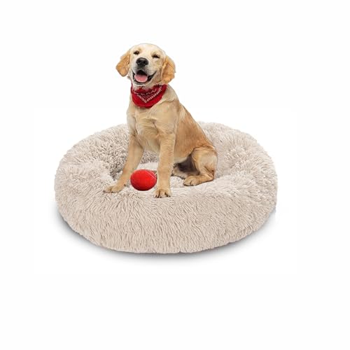 Plüsch-Donut-Kuschel-Hundebett, rund, waschbar, Anti-Angstzustände, flauschiges Haustierkissen, rutschfest, mittelgroß, weich, warm (90 x 90 x 20 cm, gebrochenes Weiß) von DUOLEH