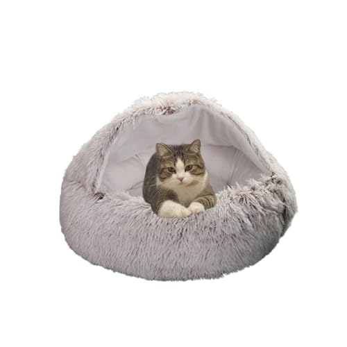 Rundes Katzenbett, beruhigendes Katzenhaus-Schlafsack, winddicht, rutschfest, Haustierzelt, Höhle, warm, waschbar, Haustierhöhle, gemütliches Donut-Kuschel-Kätzchennest (60 x 60 x 20 cm, Kaffee) von DUOLEH