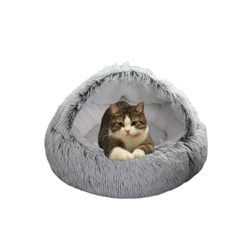 Rundes Katzenbett, beruhigendes Katzenhaus-Schlafsack, winddicht, rutschfest, Haustierzelt, Höhle, warm, waschbar, Haustierhöhle, gemütliches Donut-Kuschelkätzchennest (40 x 40 x 20 cm, grau) von DUOLEH