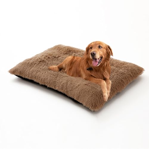 Verdickte Hundebox-Matratze, flauschiges, beruhigendes Hundebett, groß, Anti-Angst-Haustierkissen mit rutschfester Unterseite, waschbar, abnehmbar, warm (140 x 110 x 12 cm, Khaki) von DUOLEH