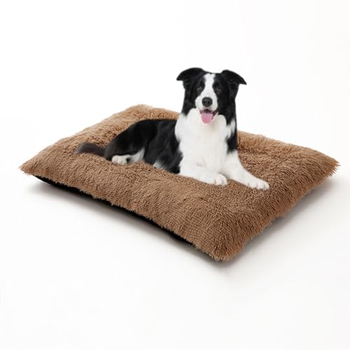 Warmes Hundekissen, groß, orthopädisches, gemütliches Plüsch-Hundebett, waschbar, Anti-Angst-Haustiermatratze, rutschfest, beruhigende Matratze für Welpen (122 x 85 x 12 cm, Khaki) von DUOLEH