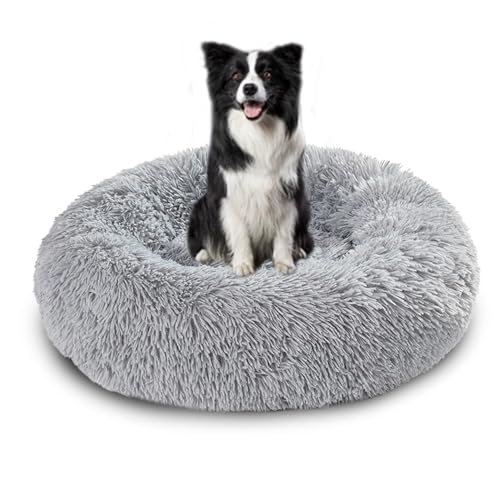 Waschbare Anti-Angst-Hundebetten für den Innenbereich, beruhigendes Hundebett, flauschiger Plüsch, runde Kuschelmatratze, wärmendes Donut-Kissen mit rutschfester Unterseite (60 x 60 x 20 cm, Hellgrau) von DUOLEH