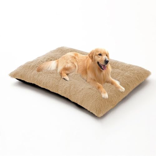 Weiches und flauschiges Hundebett, extra groß, Anti-Angst-Kissen, waschbar, rechteckig, Haustiermatratze, mit rutschfester Unterseite, 65 x 48 x 8 cm, Beige von DUOLEH