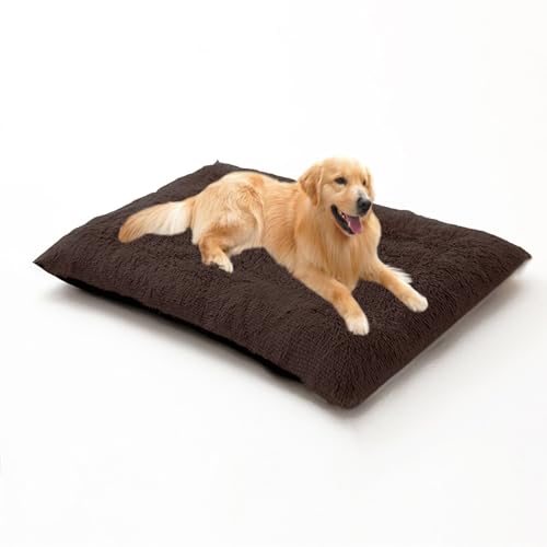 Weiches und flauschiges Hundebett, extra groß, Anti-Angst-Kissen, waschbar, rechteckig, Haustiermatratze, mit rutschfester Unterseite, 65 x 48 x 8 cm, Braun von DUOLEH
