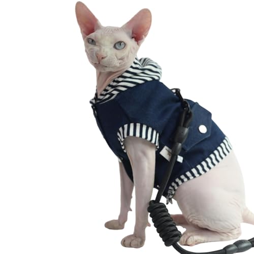Strickjacke mit Kapuze, Denim-Baumwolle, für kleine Kätzchen und Katzen, verstellbare, weiche Haustierkleidung, stilvolle Welpenjacke mit Leinenbefestigung (Jacke + Leine, Größe L) von DUOMASUMI