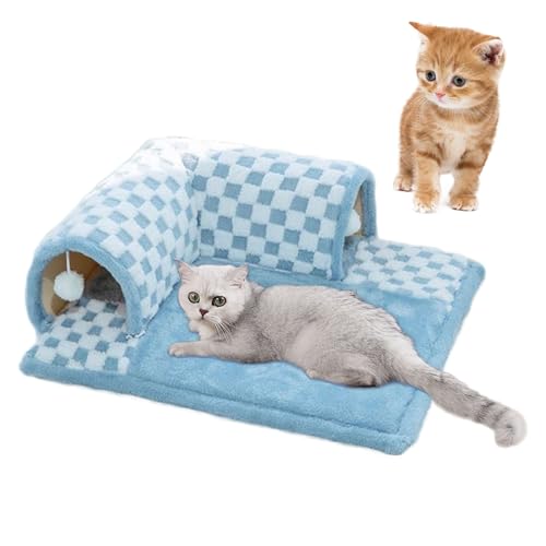 Cat Tunnel Bed, Katzentunnel mit Bett, Lustiges 2-in-1 Katzentunnelbett aus Plüsch mit Karomuster, Vielseitiges Flauschiges Katzenbett Zum Spielen und Schlafen von DUOPAI