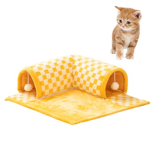 Cat Tunnel Bed, Katzentunnel mit Bett, Lustiges 2-in-1 Katzentunnelbett aus Plüsch mit Karomuster, Vielseitiges Flauschiges Katzenbett Zum Spielen und Schlafen von DUOPAI