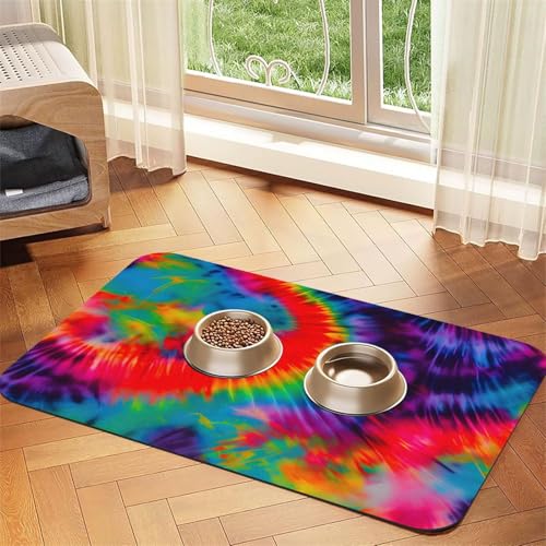 Bunte Batikmuster-Druckmatte für Futter- und Wassernapf, Wasserspendermatte, Hundezubehör Bunte Batikmuster-Druckmatte für Futter- und Wassernapf, Wasserspendermatte, Hundezubehör von DUWAA