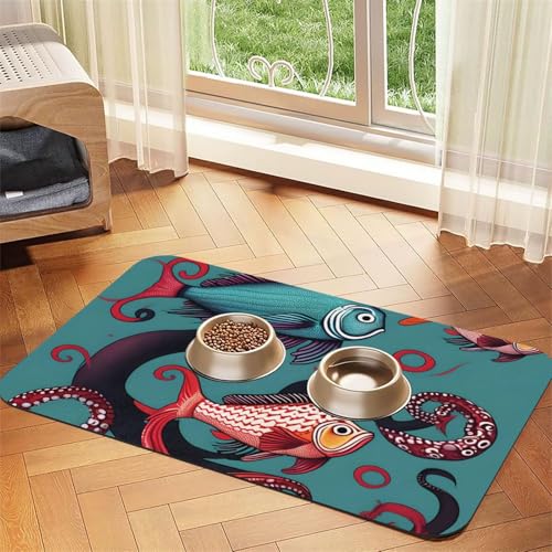 Fisch- und Oktopus-Muster Haustier Fütterungsmatte Hundematte für Futter und Wassernapf Hunde Wasserspender Matte Hunde Zubehör Fisch- und Oktopus-Muster Haustier Fütterungsmatte Hundematte für Futter und Wassernapf Hunde Wasserspender Matte Hunde Zubehör von DUWAA