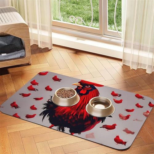 Futtermatte für Haustiere, Motiv: Roter Huhn, Hundematte für Futter und Wassernapf, Wasserspendermatte, Hundezubehör Futtermatte für Haustiere, Motiv: Roter Huhn, Hundematte für Futter und Wassernapf, Wasserspendermatte, Hundezubehör von DUWAA