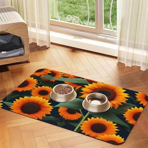 Futtermatte für Haustiere, Orange mit Sonnenblumen-Druck, Hundematte für Futter und Wassernapf, Wasserspendermatte, Hundezubehör von DUWAA