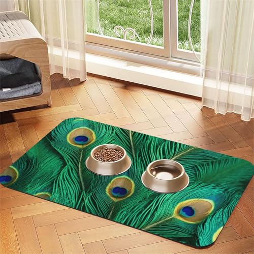 Grüne Pfauenfeder-Aufdruck, Haustier-Futtermatte, Hundematte für Futter und Wassernapf, Wasserspendermatte, Hundezubehör von DUWAA