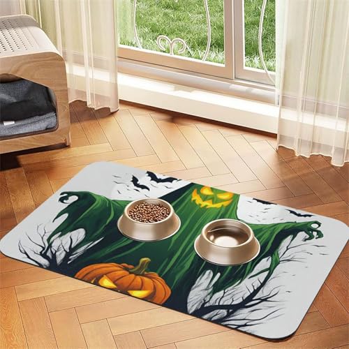 Grüner Geist Horror Halloween Kürbis Druck Haustier Futtermatte Hundematte für Futter und Wasser Napf Hunde Wasserspender Matte Hunde Zubehör von DUWAA