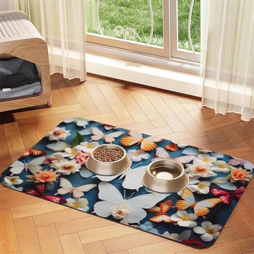 Haustier-Futtermatte, Hundematte für Futter- und Wassernapf, Wasserspender, Hundezubehör, Weiß mit Blumenmuster und bunten Schmetterlingen Haustier-Futtermatte, Hundematte für Futter- und Wassernapf, Wasserspender, Hundezubehör, Weiß mit Blumenmuster und bunten Schmetterlingen von DUWAA
