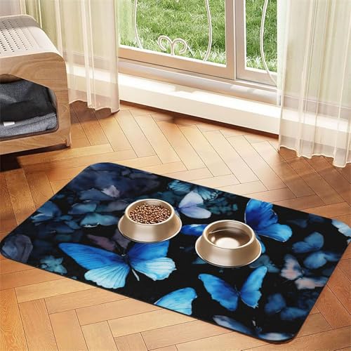Haustier-Futtermatte, blaue Schmetterlinge, weiße Blumen, Hundematte für Futter und Wassernapf, Wasserspendermatte, Hundezubehör Haustier-Futtermatte, blaue Schmetterlinge, weiße Blumen, Hundematte für Futter und Wassernapf, Wasserspendermatte, Hundezubehör von DUWAA