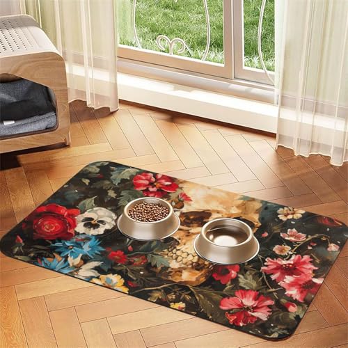 Haustier-Futtermatte mit Blumenschädel-Druck, Hundematte für Futter und Wassernapf, Wasserspendermatte, Hundezubehör Haustier-Futtermatte mit Blumenschädel-Druck, Hundematte für Futter und Wassernapf, Wasserspendermatte, Hundezubehör von DUWAA