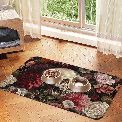 Haustier-Futtermatte mit Blumenschädel-Druck, Hundematte für Futter und Wassernapf, Wasserspendermatte, Hundezubehör Haustier-Futtermatte mit Blumenschädel-Druck, Hundematte für Futter und Wassernapf, Wasserspendermatte, Hundezubehör von DUWAA