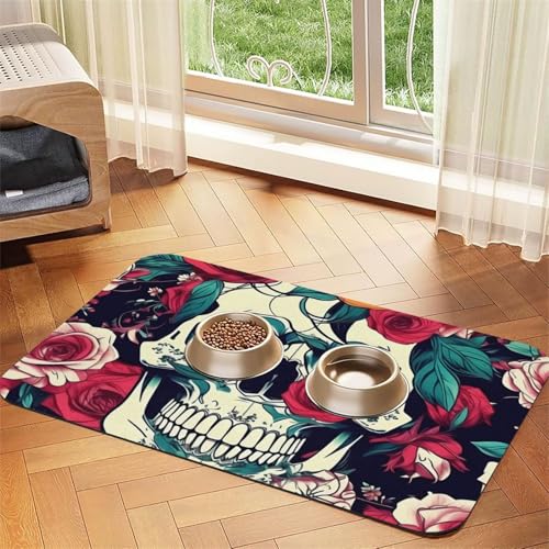 Haustier-Futtermatte mit Blumenschädel und Ornamentdruck, Hundematte für Futter und Wassernapf, Wasserspendermatte, Hundezubehör Haustier-Futtermatte mit Blumenschädel und Ornamentdruck, Hundematte für Futter und Wassernapf, Wasserspendermatte, Hundezubehör von DUWAA