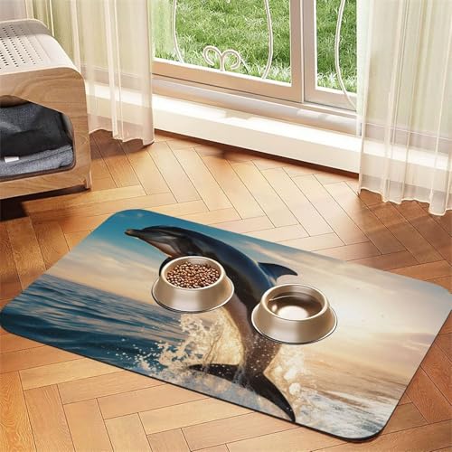 Haustier-Futtermatte mit Delfin-Druck, Hundematte für Futter und Wassernapf, Wasserspendermatte, Hundezubehör Haustier-Futtermatte mit Delfin-Druck, Hundematte für Futter und Wassernapf, Wasserspendermatte, Hundezubehör von DUWAA