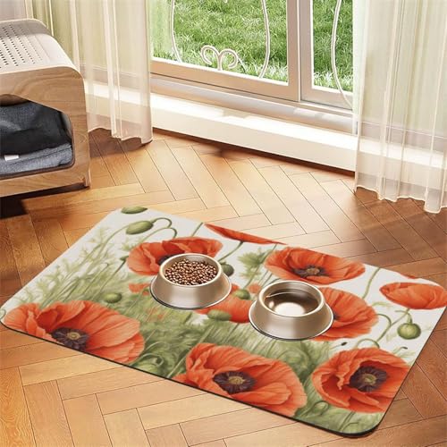 Haustier-Futtermatte mit Mohnblumen-Druck, Hundematte für Futter und Wassernapf, Wasserspendermatte, Hundezubehör von DUWAA