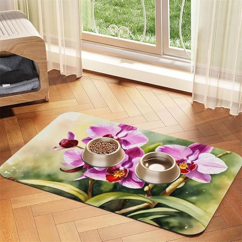 Haustier-Futtermatte mit Orchideen-Druck, Hundematte für Futter und Wassernapf, Wasserspendermatte, Hundezubehör Haustier-Futtermatte mit Orchideen-Druck, Hundematte für Futter und Wassernapf, Wasserspendermatte, Hundezubehör von DUWAA