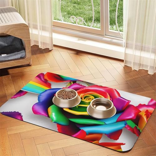 Haustier-Futtermatte mit Regenbogen-Rosen-Blumendruck, Hundematte für Futter und Wassernapf, Wasserspender-Matte, Hundezubehör Haustier-Futtermatte mit Regenbogen-Rosen-Blumendruck, Hundematte für Futter und Wassernapf, Wasserspender-Matte, Hundezubehör von DUWAA