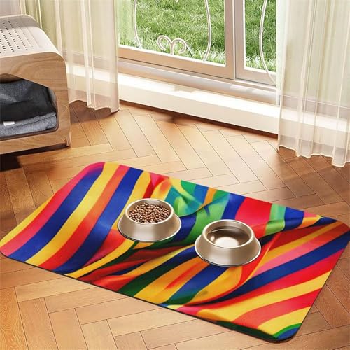 Haustier-Futtermatte mit Regenbogenfarben-Streifendruck, Hundematte für Futter und Wassernapf, Wasserspendermatte, Hundezubehör Haustier-Futtermatte mit Regenbogenfarben-Streifendruck, Hundematte für Futter und Wassernapf, Wasserspendermatte, Hundezubehör von DUWAA