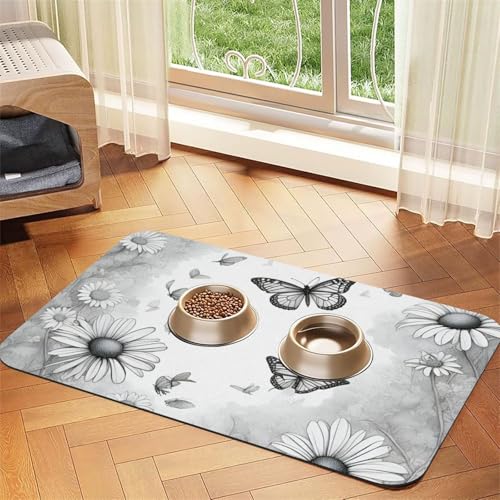 Haustier-Futtermatte mit Schmetterlings-Gänseblümchen-Druck, Hundematte für Futter und Wassernapf, Wasserspender-Matte, Hundezubehör Haustier-Futtermatte mit Schmetterlings-Gänseblümchen-Druck, Hundematte für Futter und Wassernapf, Wasserspender-Matte, Hundezubehör von DUWAA