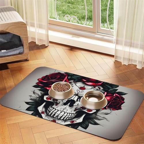 Haustier-Futtermatte mit Totenkopf-Motiv, Hundematte für Futter und Wassernapf, Wasserspendermatte, Hundezubehör Haustier-Futtermatte mit Totenkopf-Motiv, Hundematte für Futter und Wassernapf, Wasserspendermatte, Hundezubehör von DUWAA