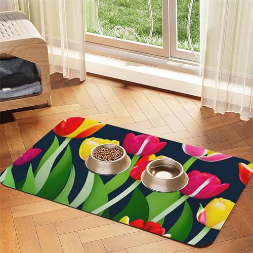 Haustier-Futtermatte mit buntem Tulpenmuster, Hundematte für Futter und Wassernapf, Wasserspendermatte, Hundezubehör von DUWAA