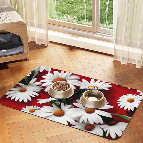 Haustier-Futtermatte mit roten Blumen und weißen Gänseblümchen, Hundematte für Futter und Wassernapf, Wasserspendermatte, Hundezubehör von DUWAA
