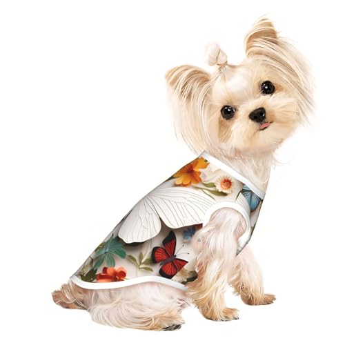 Hunde-Shirt, Sommer-T-Shirt, Blumenmuster, bunt, Schmetterlinge, leicht, weich, atmungsaktiv, dehnbar, für Katzen und Hunde, Weiß Hunde-Shirt, Sommer-T-Shirt, Blumenmuster, bunt, Schmetterlinge, leicht, weich, atmungsaktiv, dehnbar, für Katzen und Hunde, Weiß von DUWAA