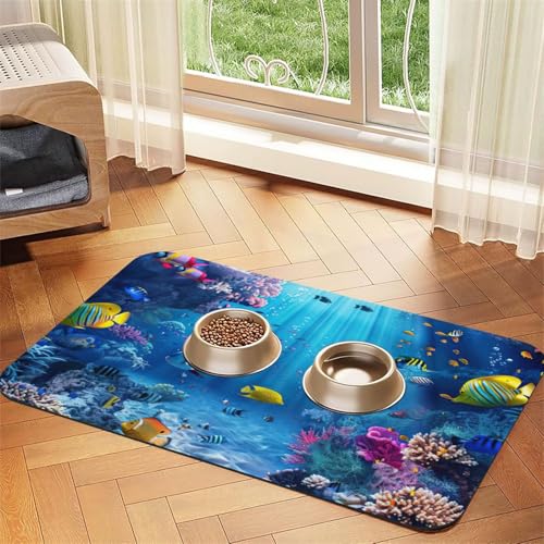 Hundematte mit buntem Ozean-Motiv, für Futter- und Wassernapf, Wasserspendermatte, Hundezubehör Hundematte mit buntem Ozean-Motiv, für Futter- und Wassernapf, Wasserspendermatte, Hundezubehör von DUWAA
